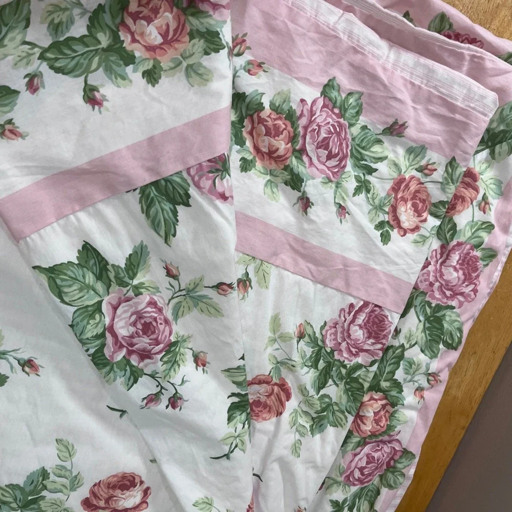 Vtg Laura Ashley Twin Duvet Cover Pink Cabbage Rose Floral Ticking Stripe Rev